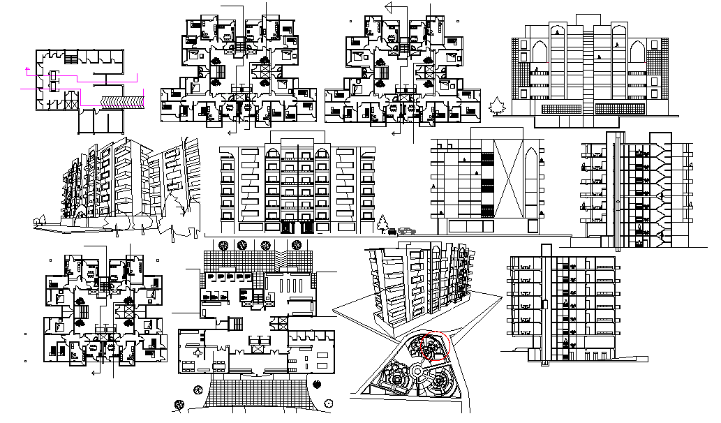 Apartment building design plan DWG with ceiling and furniture layout