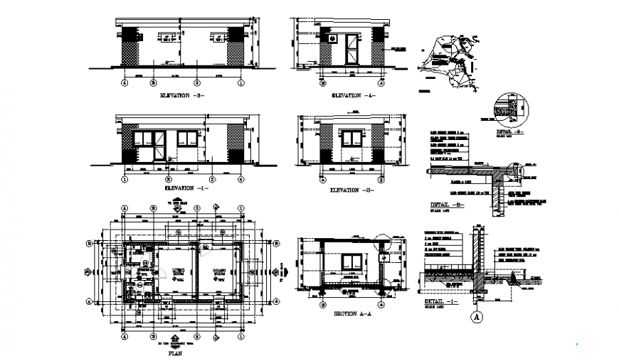 Earth gard house plan, elevation and section detail dwg file
