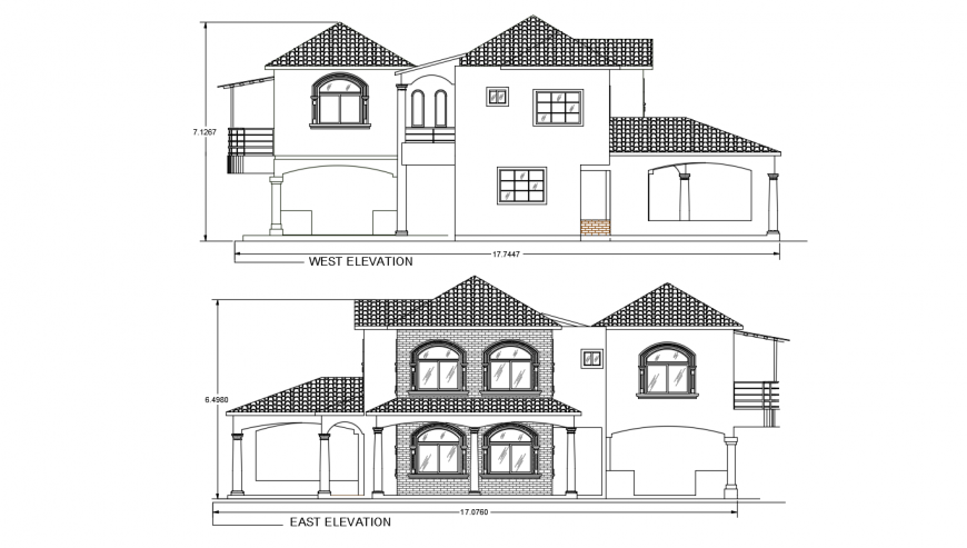 East and west side elevation drawing details of residential house dwg file