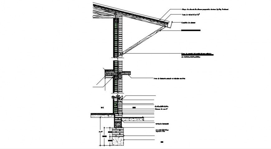 Eaves for end of wooden roof over double wall of bricks masonry structure details dwg file
