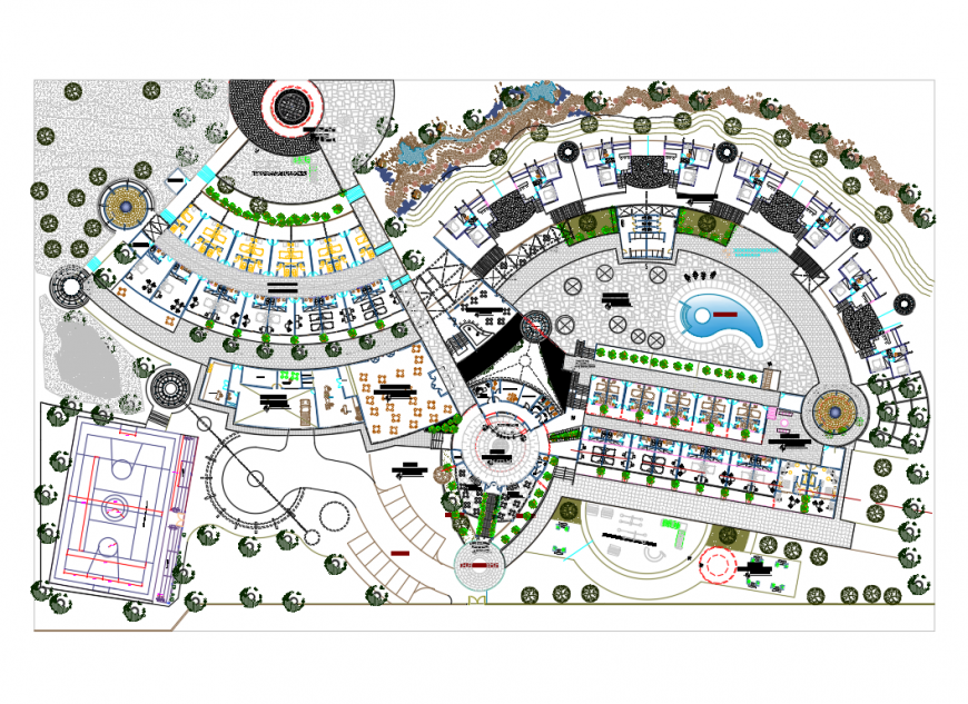Ecological college campus landscaping and structure plan details with hostel dwg file