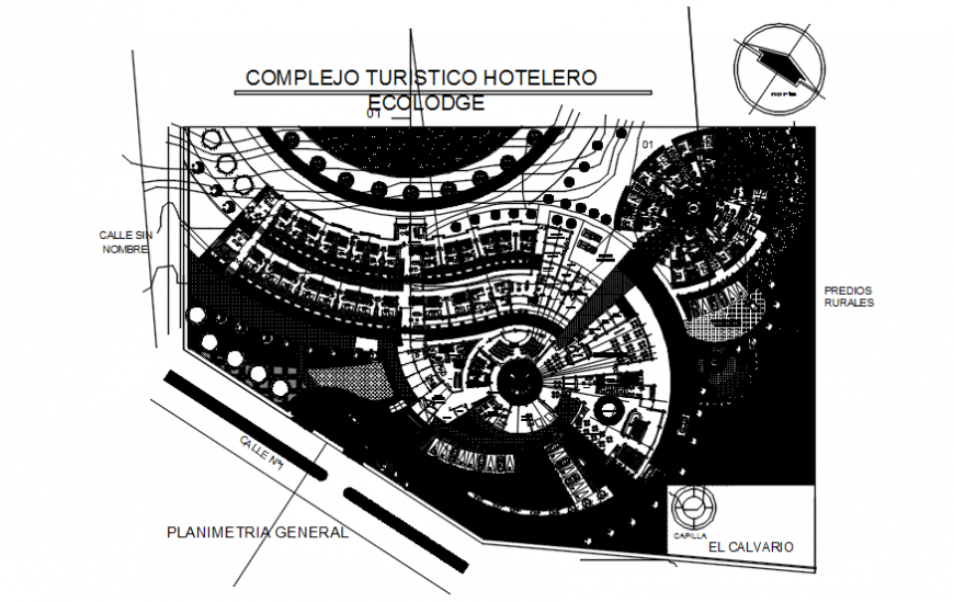 Ecological hotel distribution plan and landscaping structure details dwg file