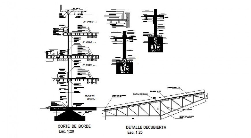 Edge cut with metal cover roof structure and constructive section details dwg file