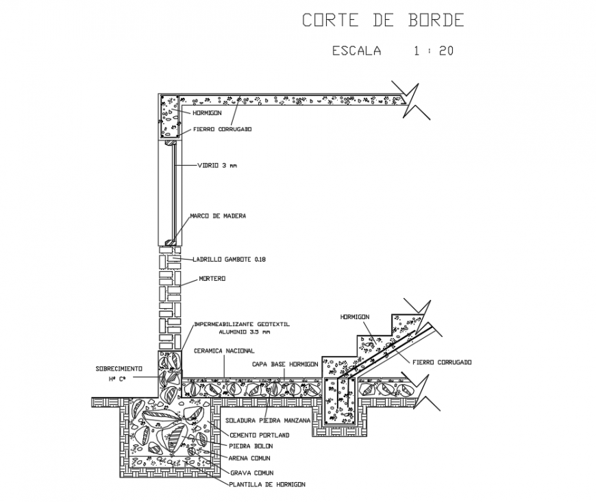 Edge staircase construction and sectional details dwg file