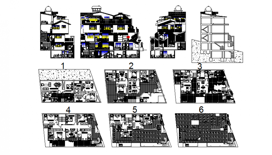 Edificial multi familiar plan, elevation and section detail dwg file