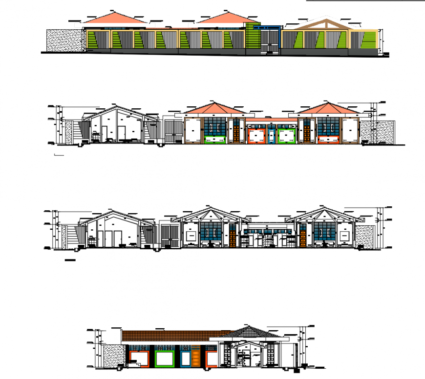 Education building front and back elevation and section drawing details dwg file