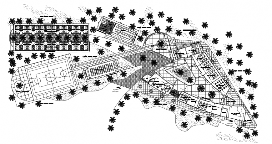 Education institute with hotel distribution and landscaping structure details dwg file
