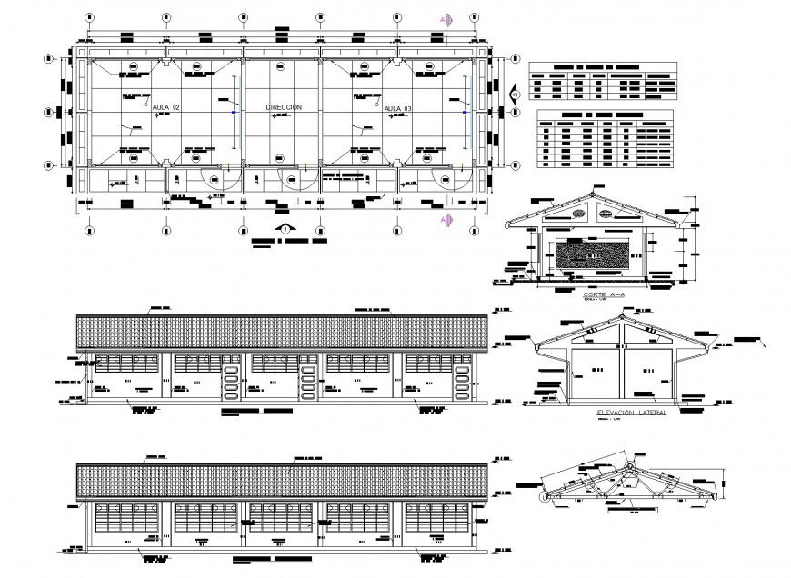 Educational institution plan, elevation and section autocad file