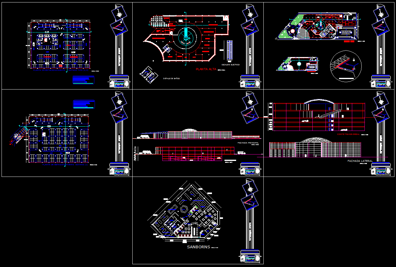 Shopping mall 90x75m AutoCAD DWG plan with layout and sections
