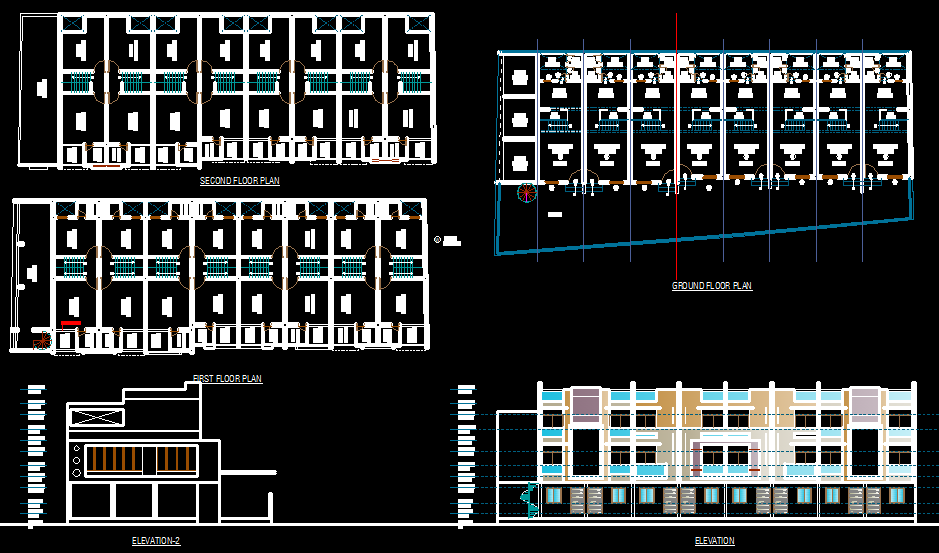 Row House Project CAD Drawing with Floor Plans and Elevation Views