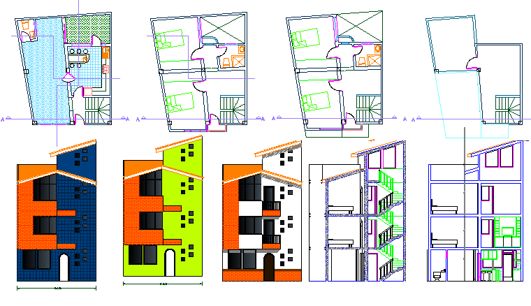 3 Story House CAD Drawing with Plans Elevations and Sections