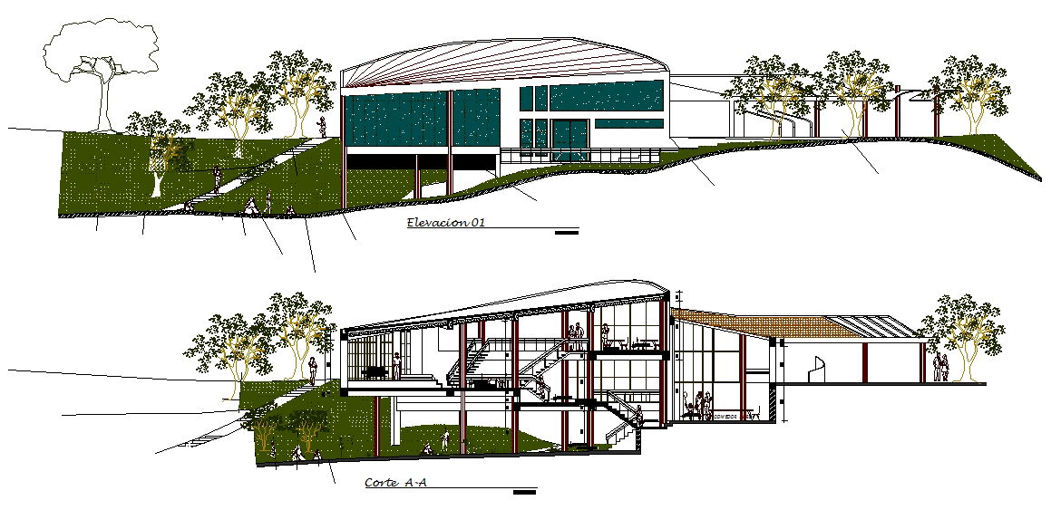 Hillside restaurant DWG with elevation and sectional design details