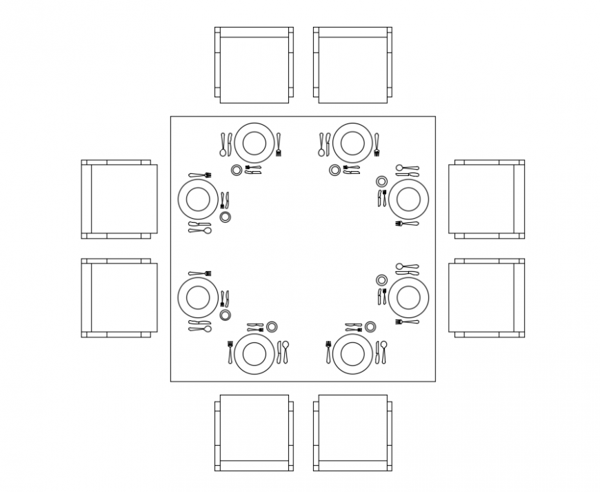 Eight seated house dining table top view cad block design dwg file