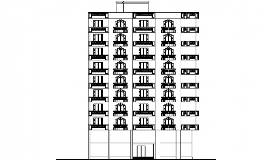 Eight story apartment building main elevation cad drawing details dwg file