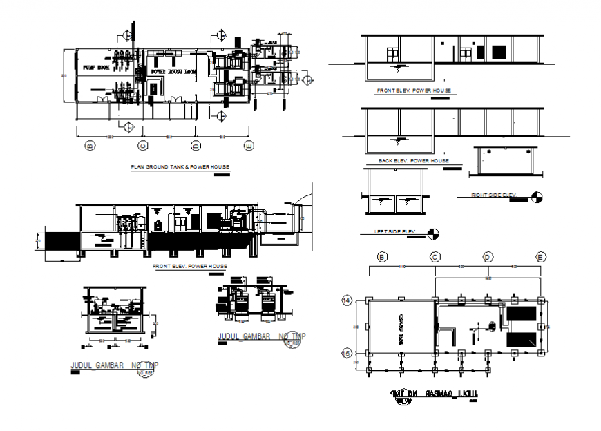 Electric power house elevation, section and floor plan and auto-cad details dwg file