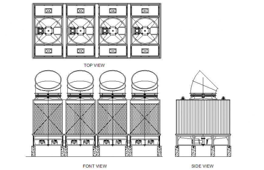 Electrical fan cooling towers top, side and front view elevation dwg file