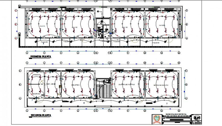 Electrical installation layout plan details of school building floors dwg file