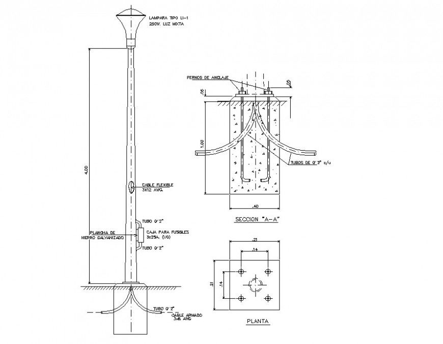 Electrical lamp post detail elevation, section and plan 2d view autocad file