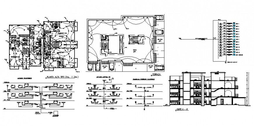 Electrical layout plan, riser diagram and sectional drawing details of apartment building dwg file