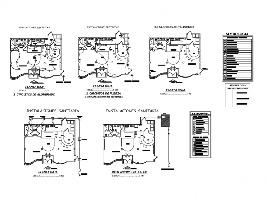 Electrical layout plan and sanitary installation details of all floors of club house dwg file
