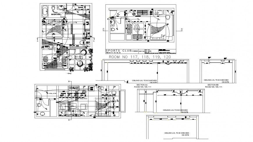Electrical layout plan of the sports club in dwg AutoCAD file.