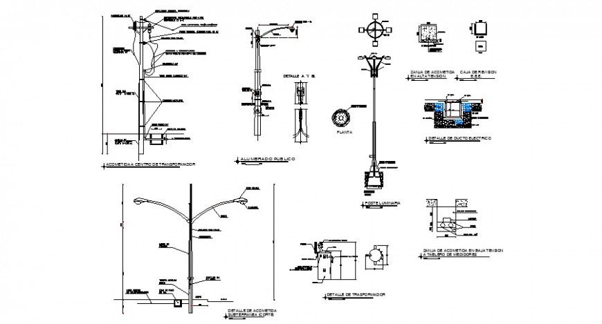 Electrical light pole elevation, section and electric installation details dwg file
