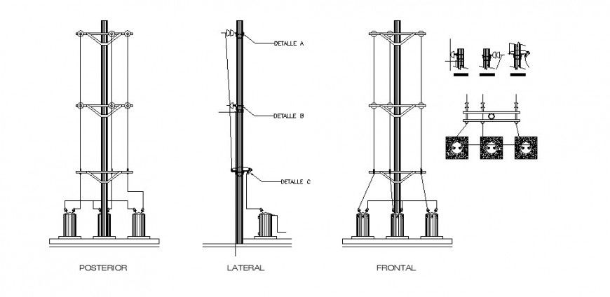 Electrical Pole Plan, Elevation & Section CAD Drawing