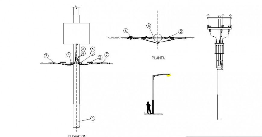 Electrical pole elevation, section and installation drawing details dwg file