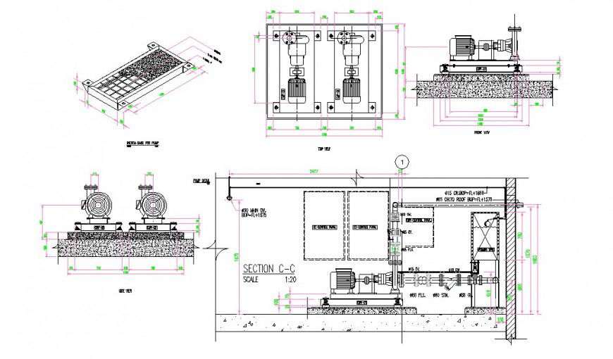 Electrical pumping motor detail elevation and section 2d view CAD block layout dwg file