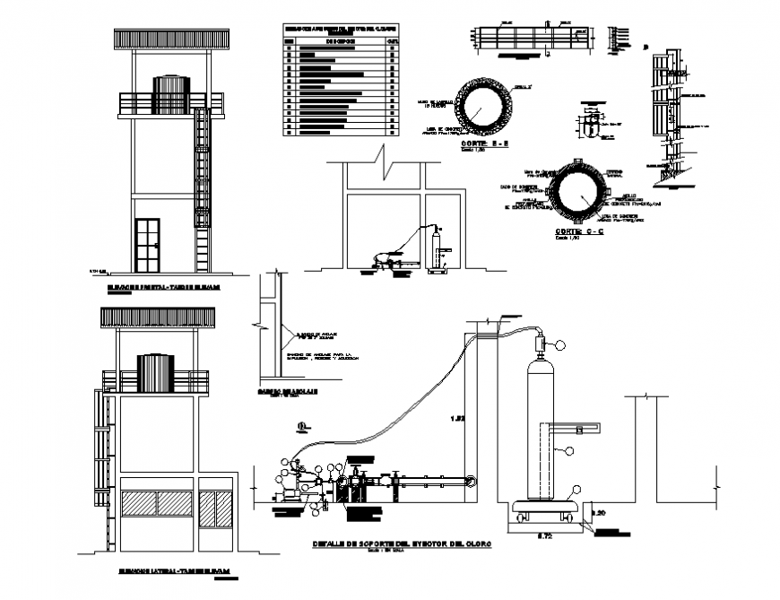 Elevated tank constructive structure and plumbing details dwg file