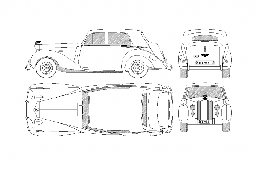 Elevation, plan, front and back view of design of car dwg file