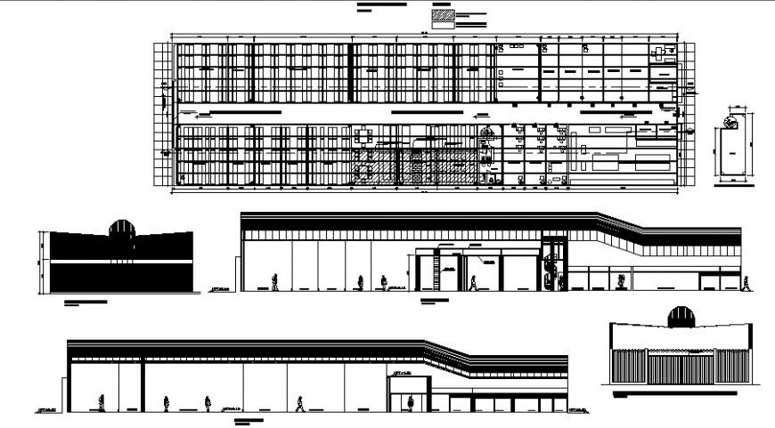 Elevation, plan and section detail of shopping mall building 2d view autocad file