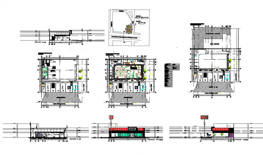 Elevation, plan and section detail of store building 2d view layout file in dwg format