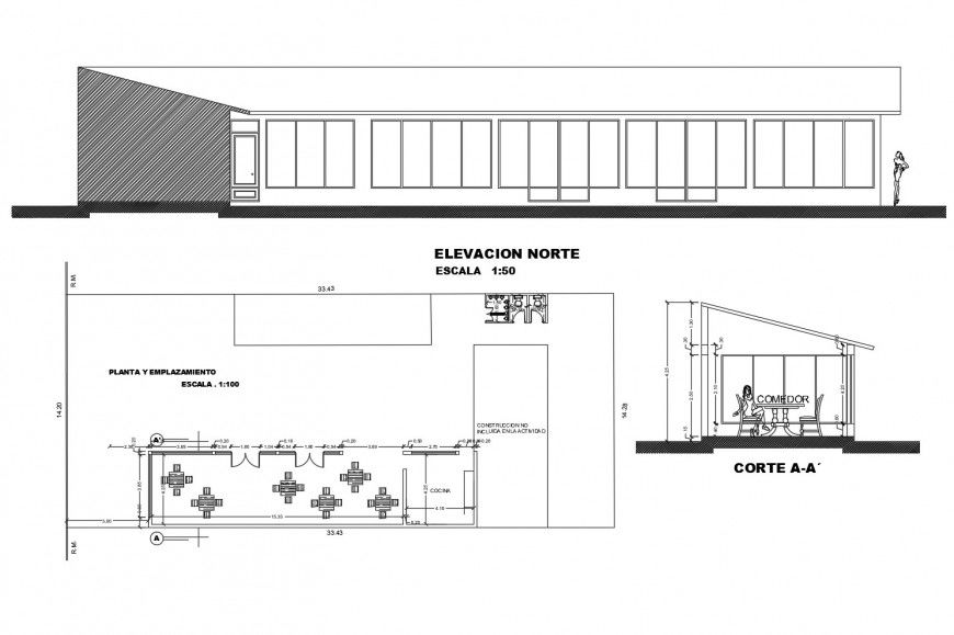 Elevation, plan and section of the restaurant building 2d view autocad file