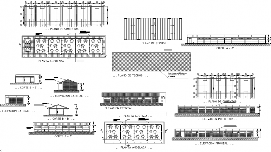 Elevation, plan and sectional detail of School building dwg file