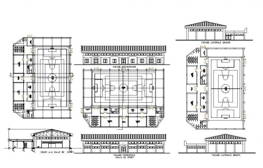 Elevation, plan and sectional detail of stadium play-ground 2d view layout autocad file