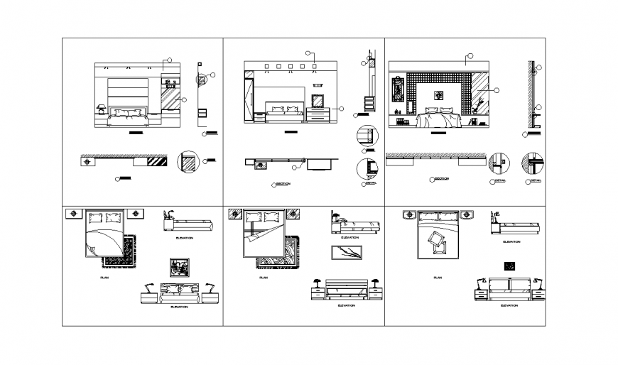 Elevation, plan and side view of different types of bedroom design view dwg file