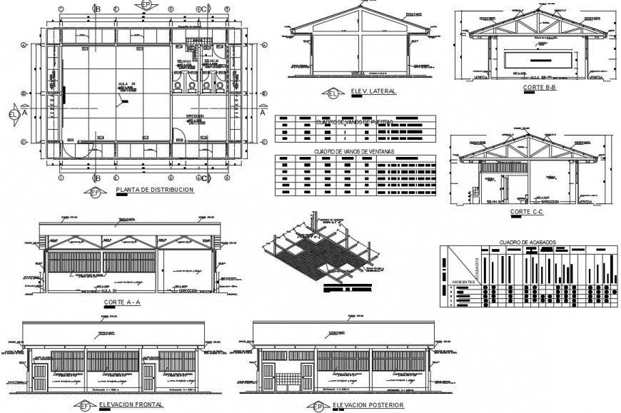 Elevation, section, distribution plan and structure details of school building dwg file
