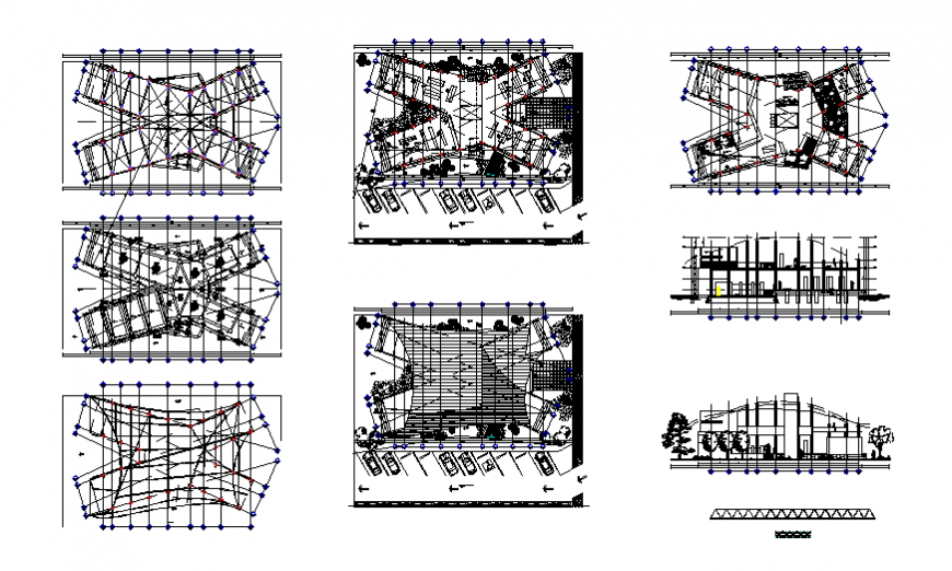 Elevation, section, floor plan and auto-cad details of corporate building dwg file