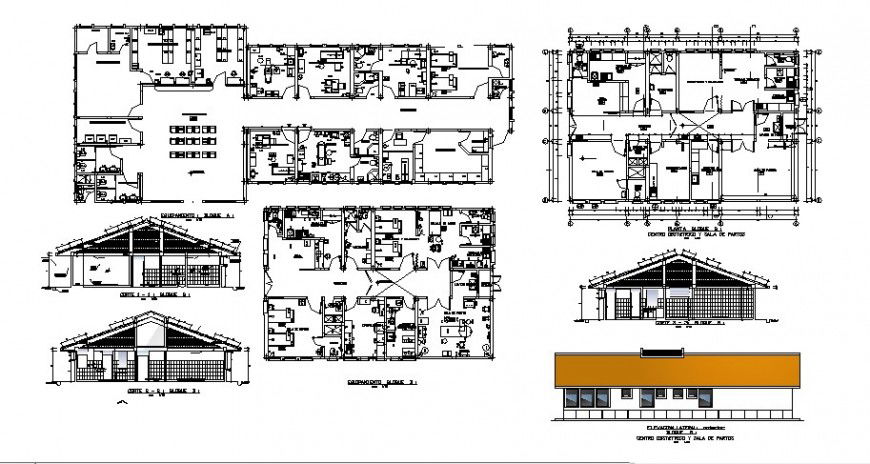 Elevation, section, floor plan distribution and auto-cad details of hospital dwg file