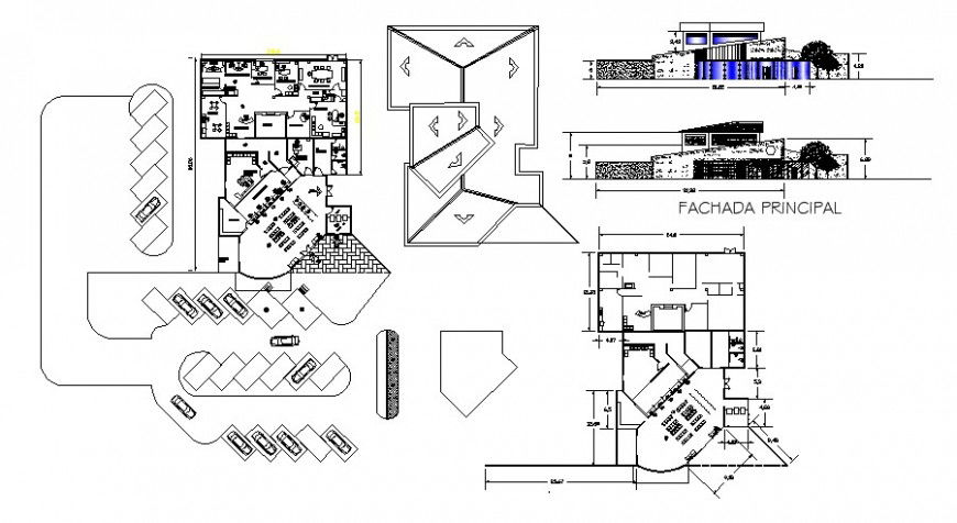 Elevation, section and floor plan drawing details of bank branch dwg file