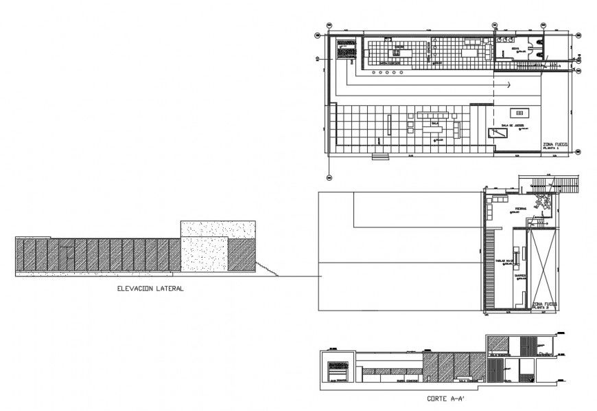 Elevation, section and plan details of beach house dwg file