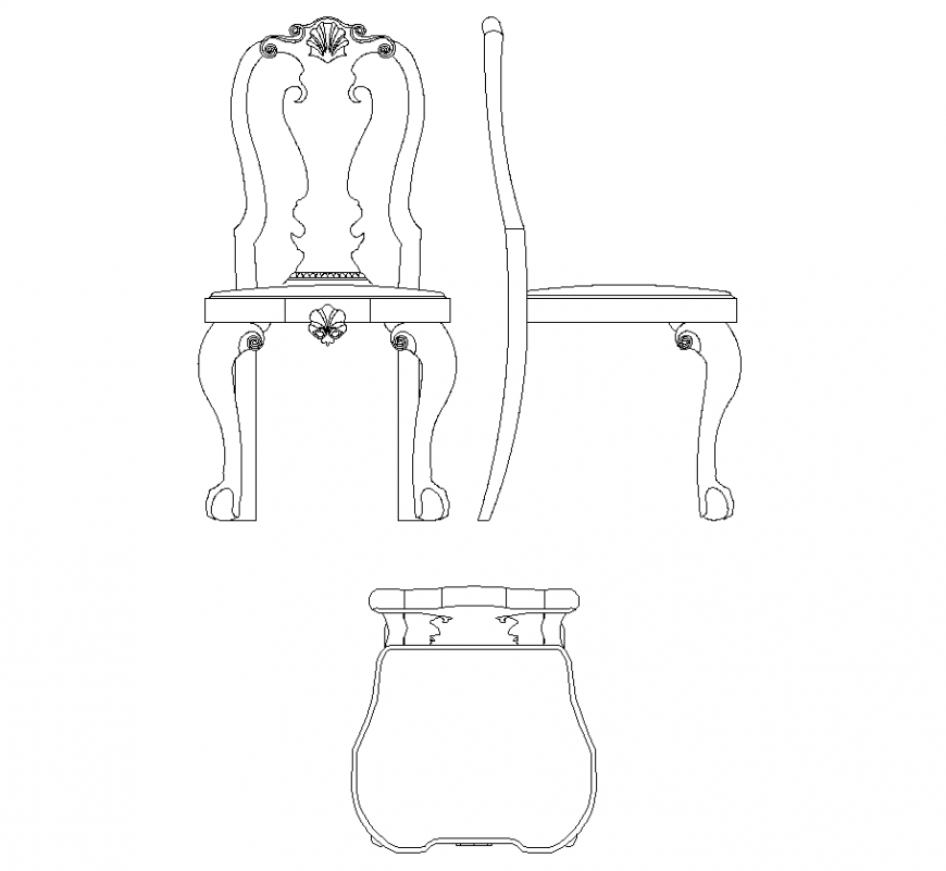 Elevation,side view and plan of chair with furniture drawing dwg file