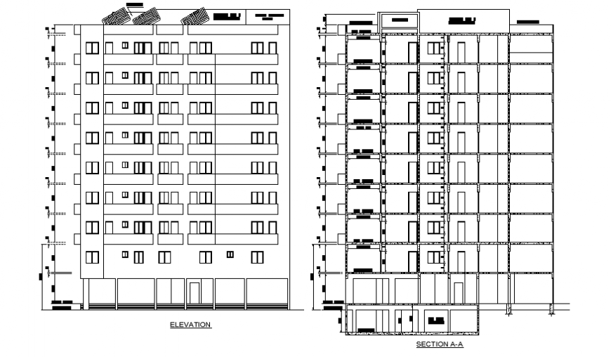Elevation- section plan project design of complete residence project design drawing