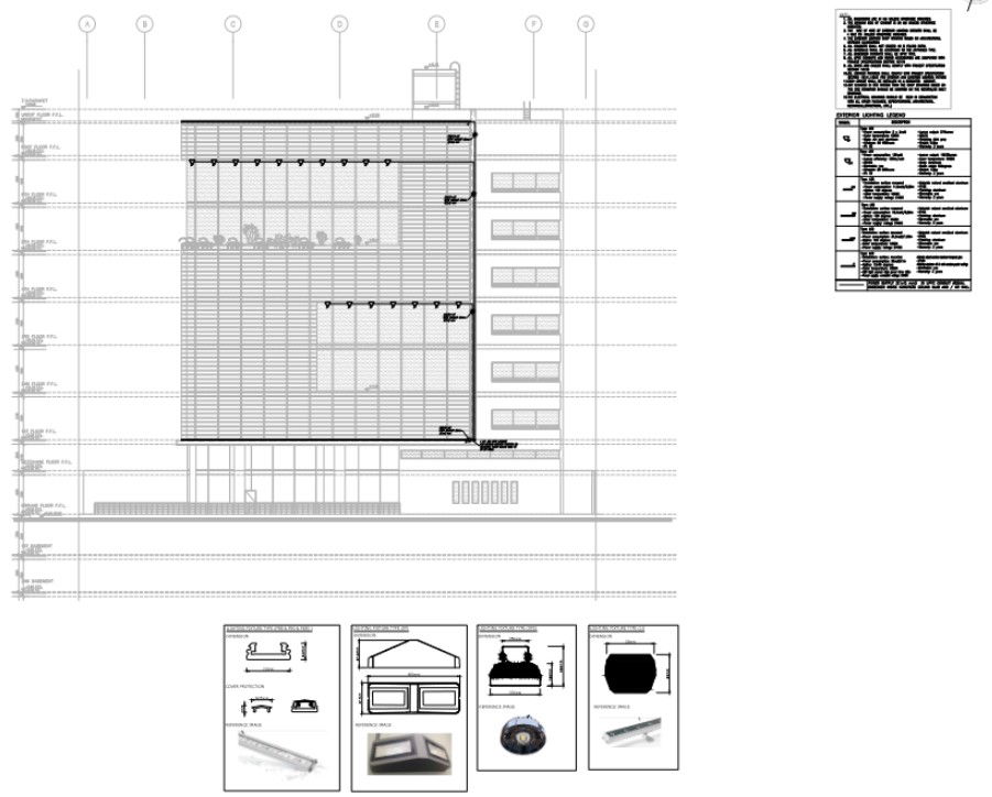 elevation and exterior lighting fixture layout of building