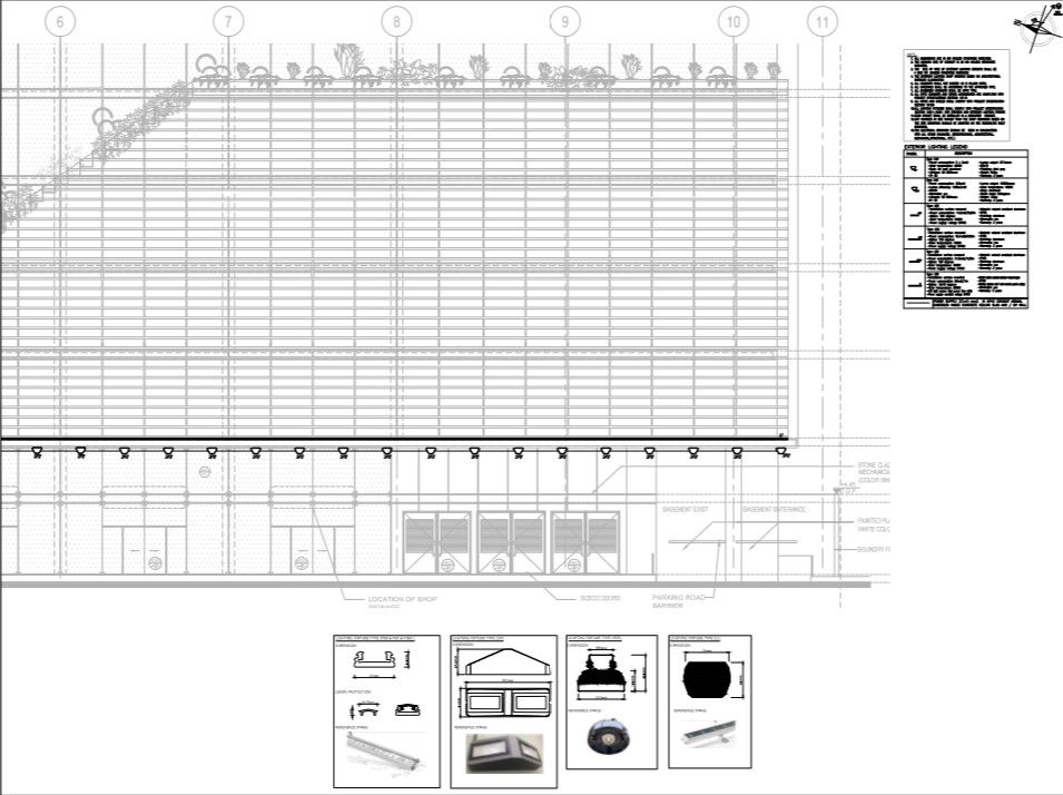 elevation and exterior lighting fixture layout of corporate building
