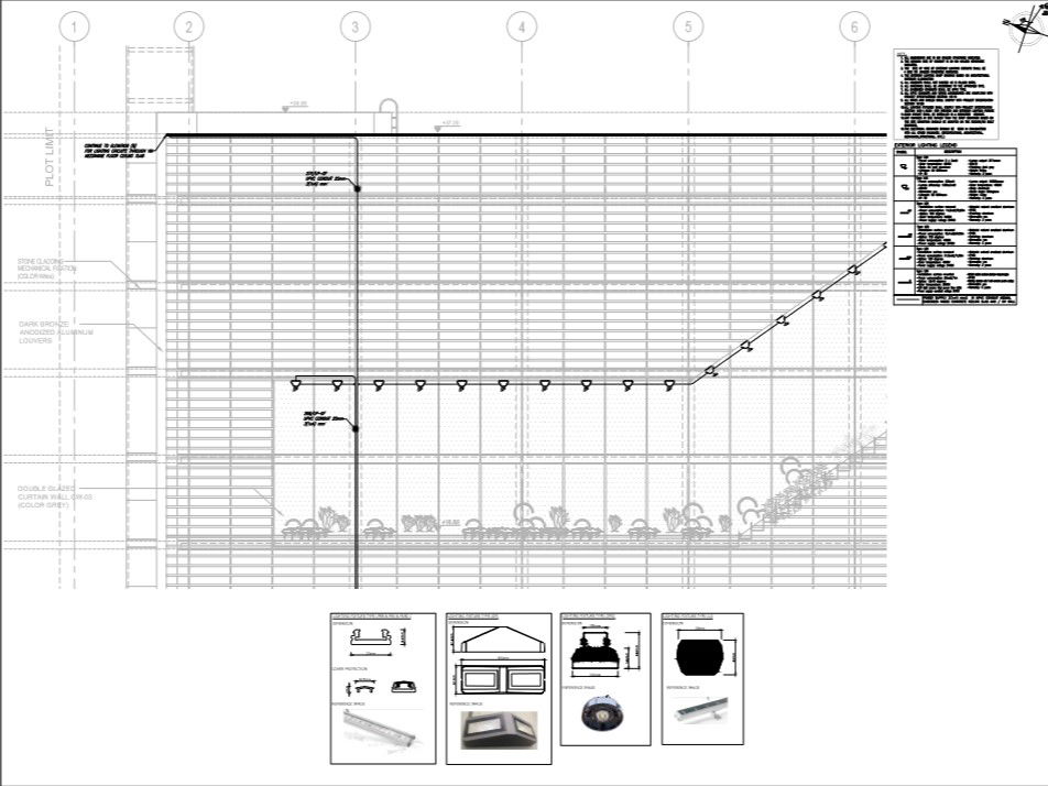 elevation detail and exterior lighting detail of corporate building