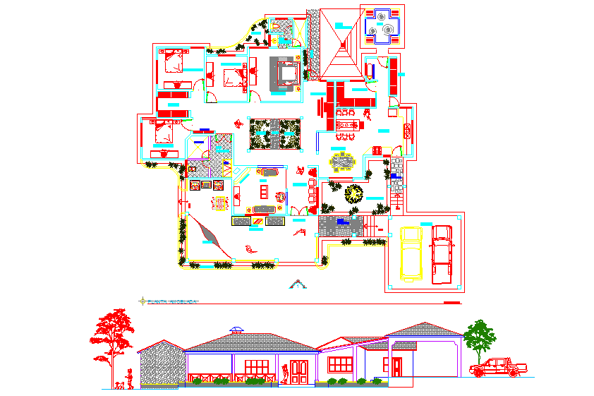 elevation of a bungalow and architectural layout plan dwg file