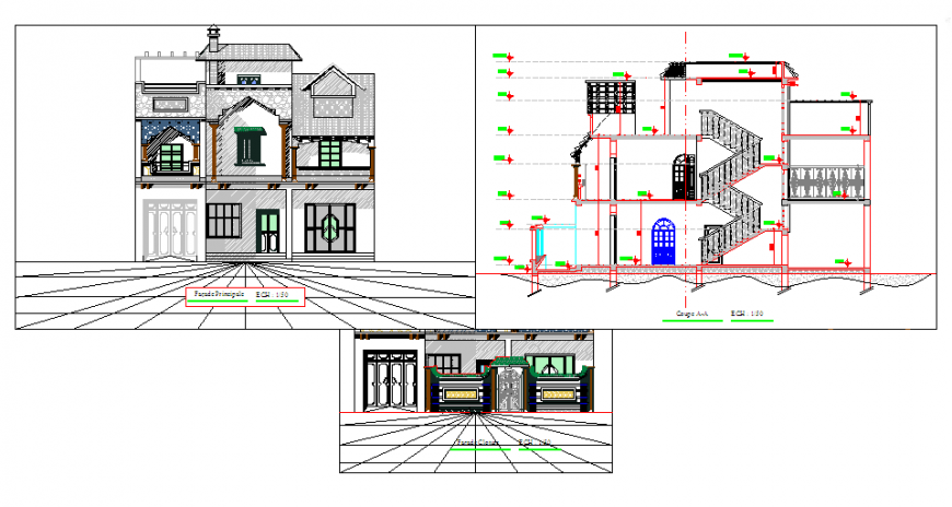 Elevation & section design layout design drawing of villa house