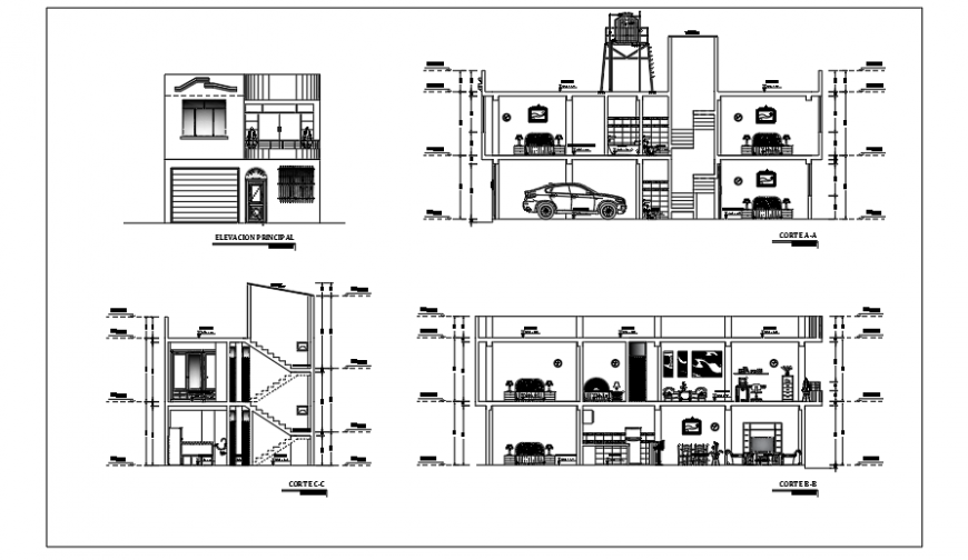 Elevation & section design Project of unifamiliary housing design drawing